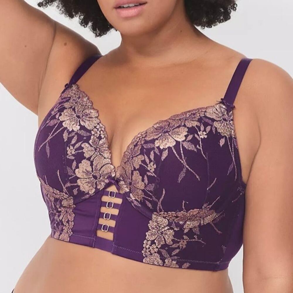 Lane Bryant Cacique Sz 44DD Metallic Lace Longline Boost Plunge Bra Purple Gold